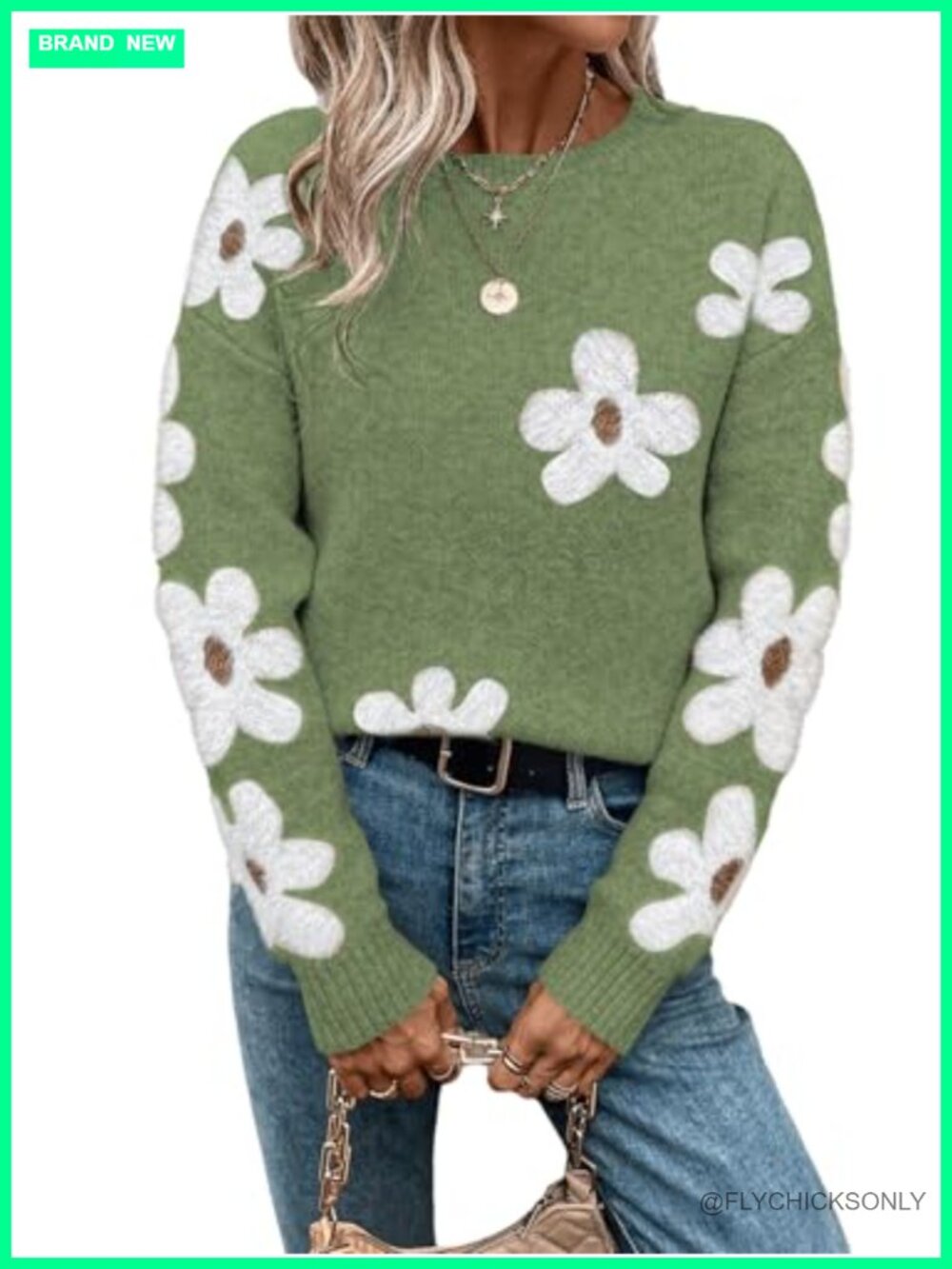 SHENHE Women's Floral Crewneck Long Sleeve Drop Shoulder Sweater Pullover